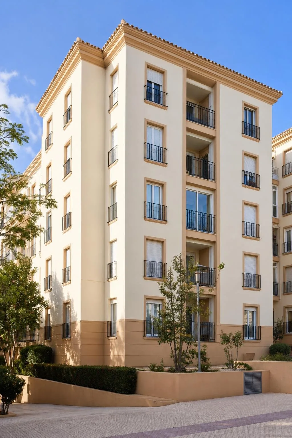 Edificio de viviendas rehabilitado con la fachada reparada y pintada
