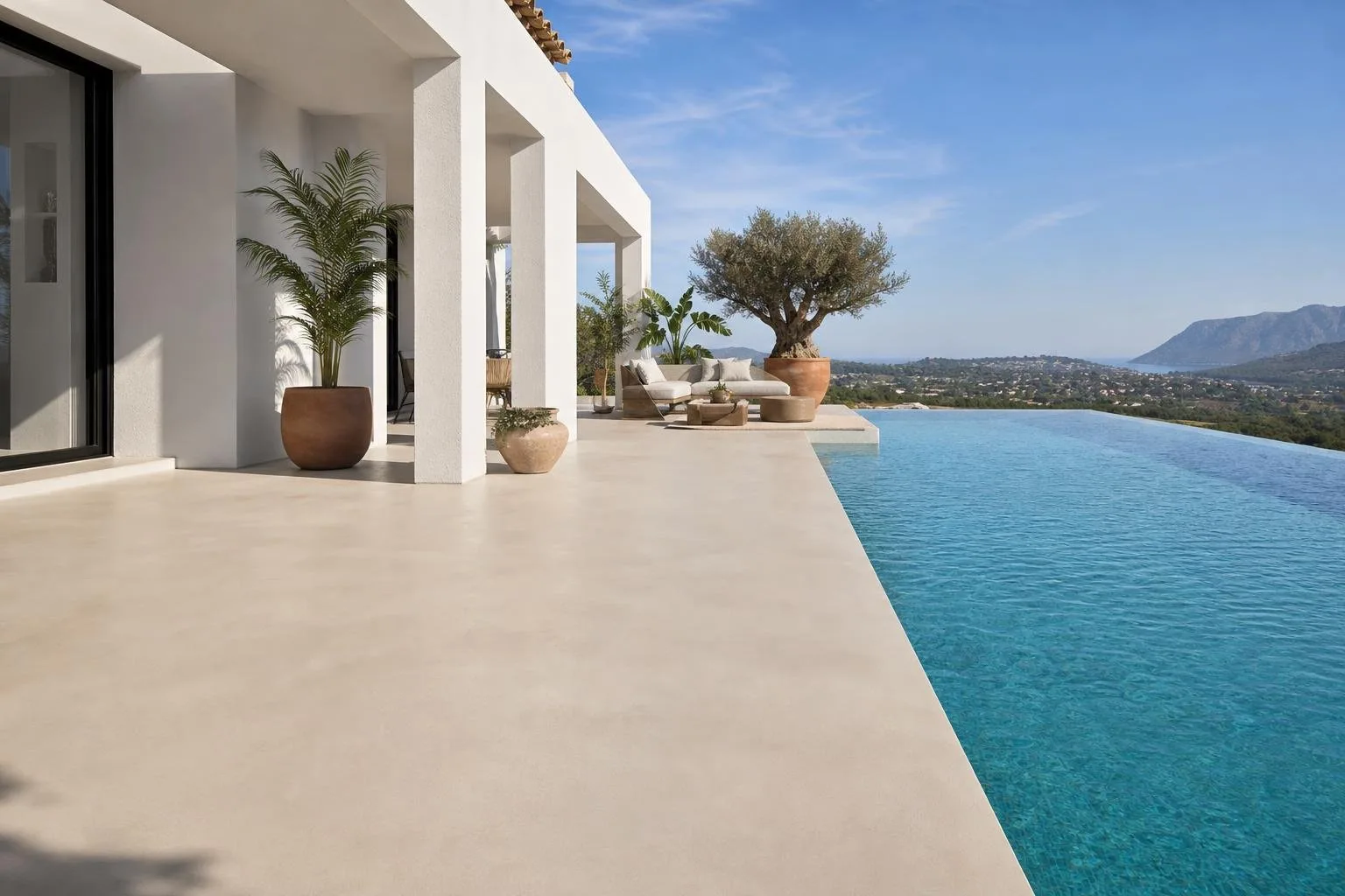Terraza de una villa con suelo de microcemento junto a la piscina