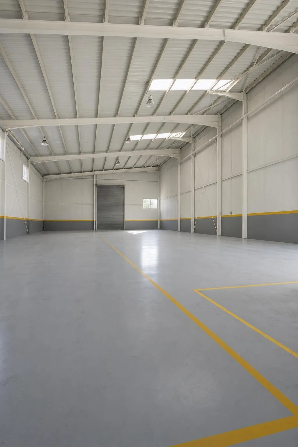Nave industrial con paredes y suelo pintados y líneas amarillas