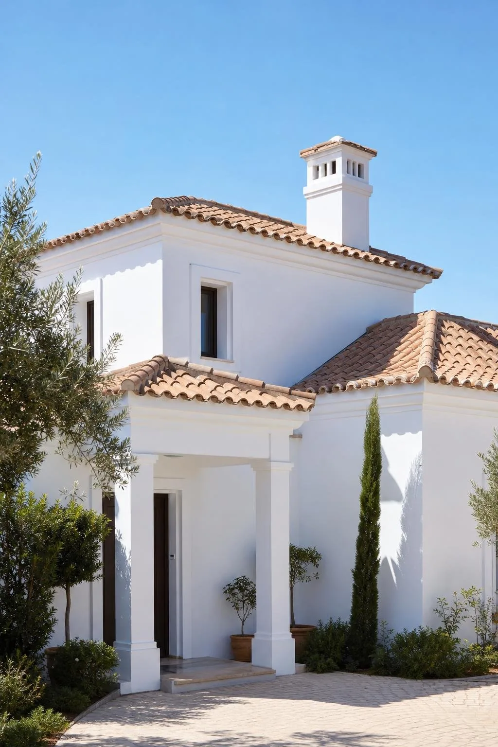 Fachada blanca recién pintada de un chalet andaluz