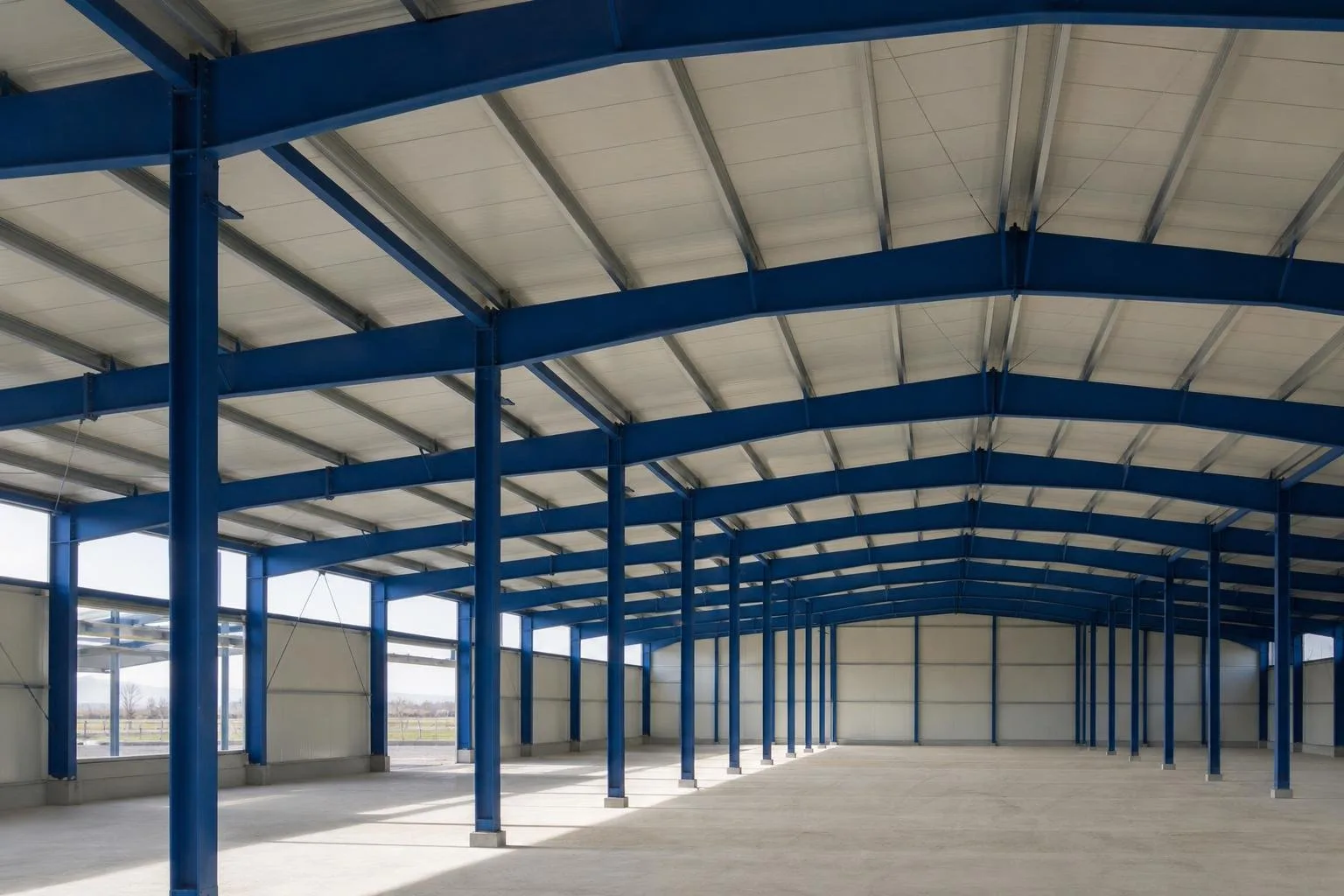 Estructura metálica de una nave pintada en azul industrial