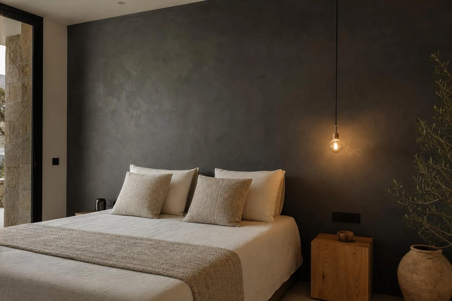 Dormitorio con pared de microcemento antracita