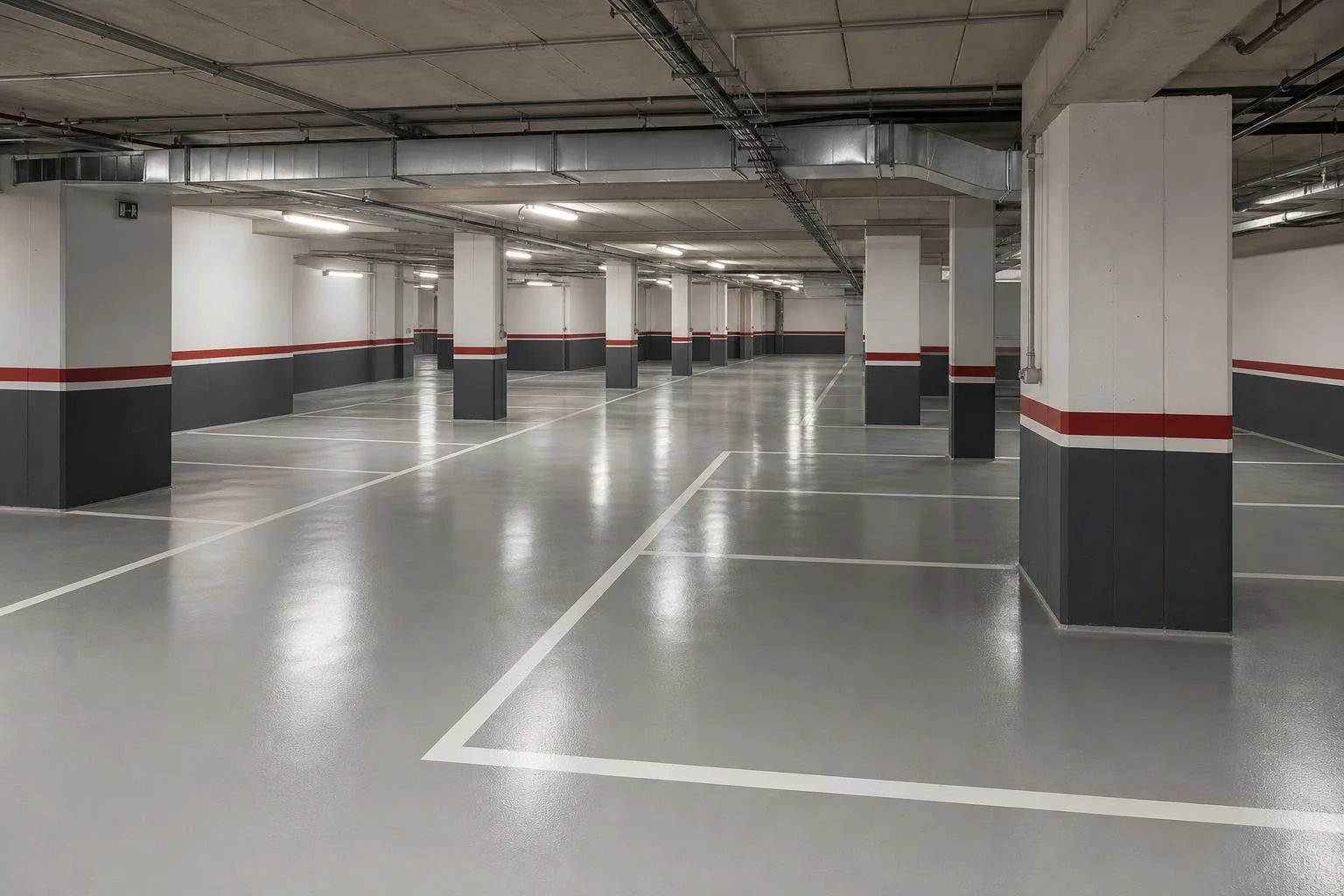 Aparcamiento subterráneo con suelo de resina epoxi y plazas pintadas